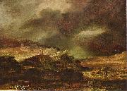 Rembrandt Harmensz Van Rijn Stadt auf einem Hugel bei sturmischem Wetter painting